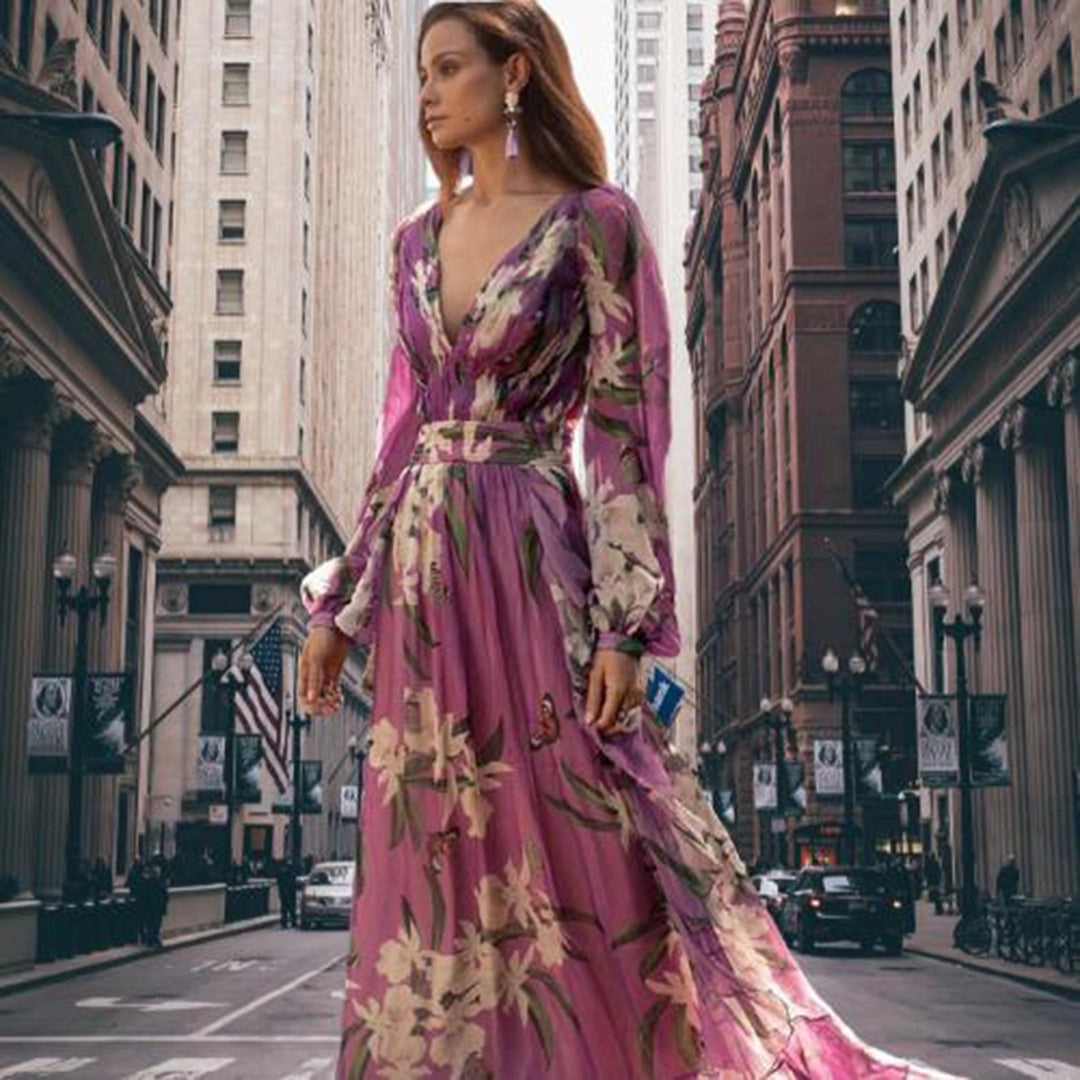 Pink Silk Wrap Maxi Dress with Floral Print and Long Sleeves – Modish World