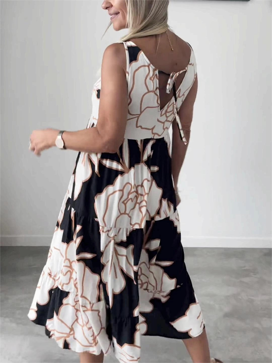 Black and White Asymmetrical Sleeveless V-Neck Floral Midi Summer Dress
 - ModishWorld