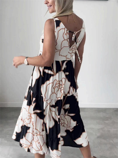Black and White Asymmetrical Sleeveless V-Neck Floral Midi Summer Dress
 - ModishWorld