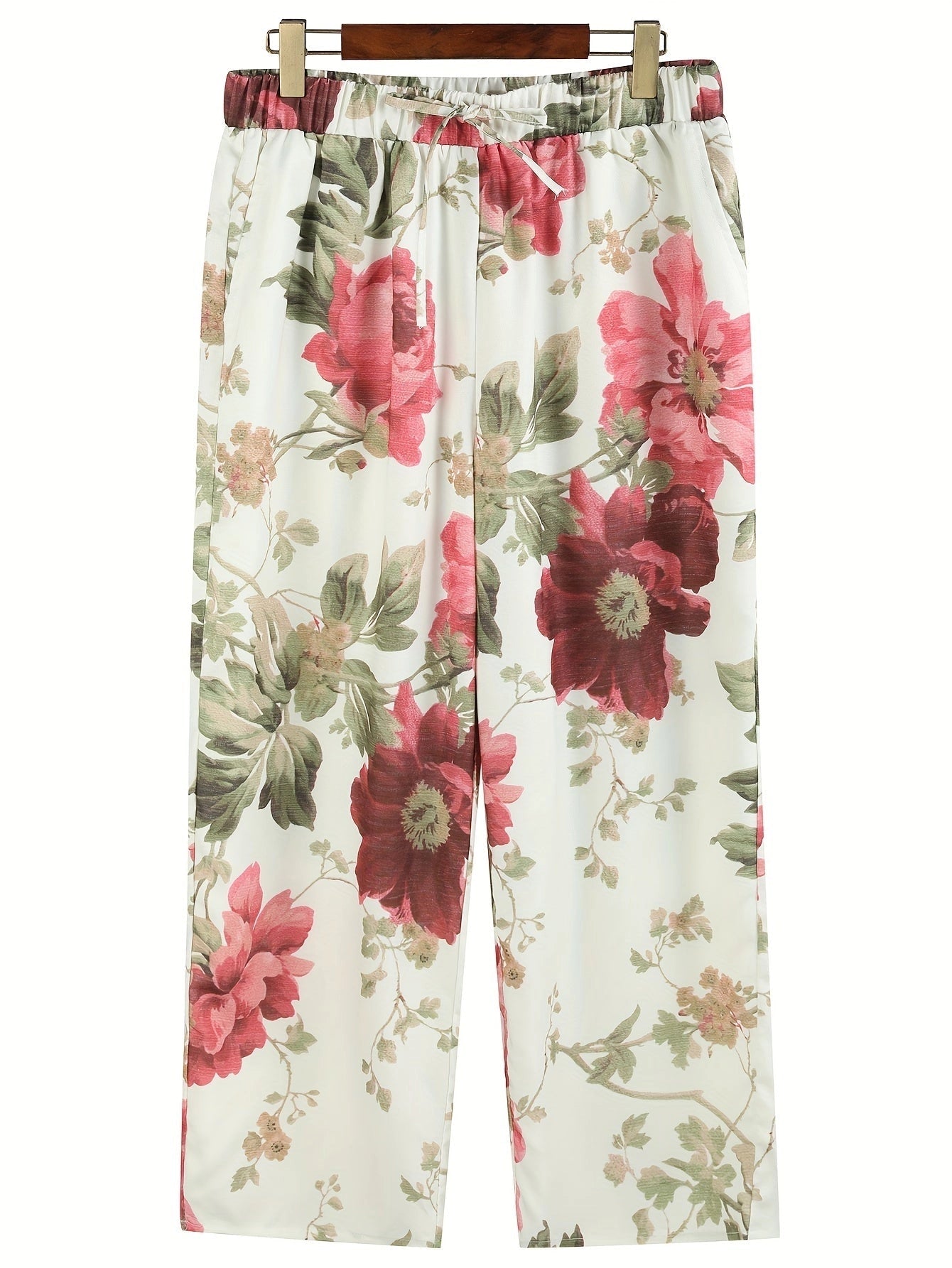 Women's Red & Green Floral Lightweight Summer Pants
 - ModishWorld