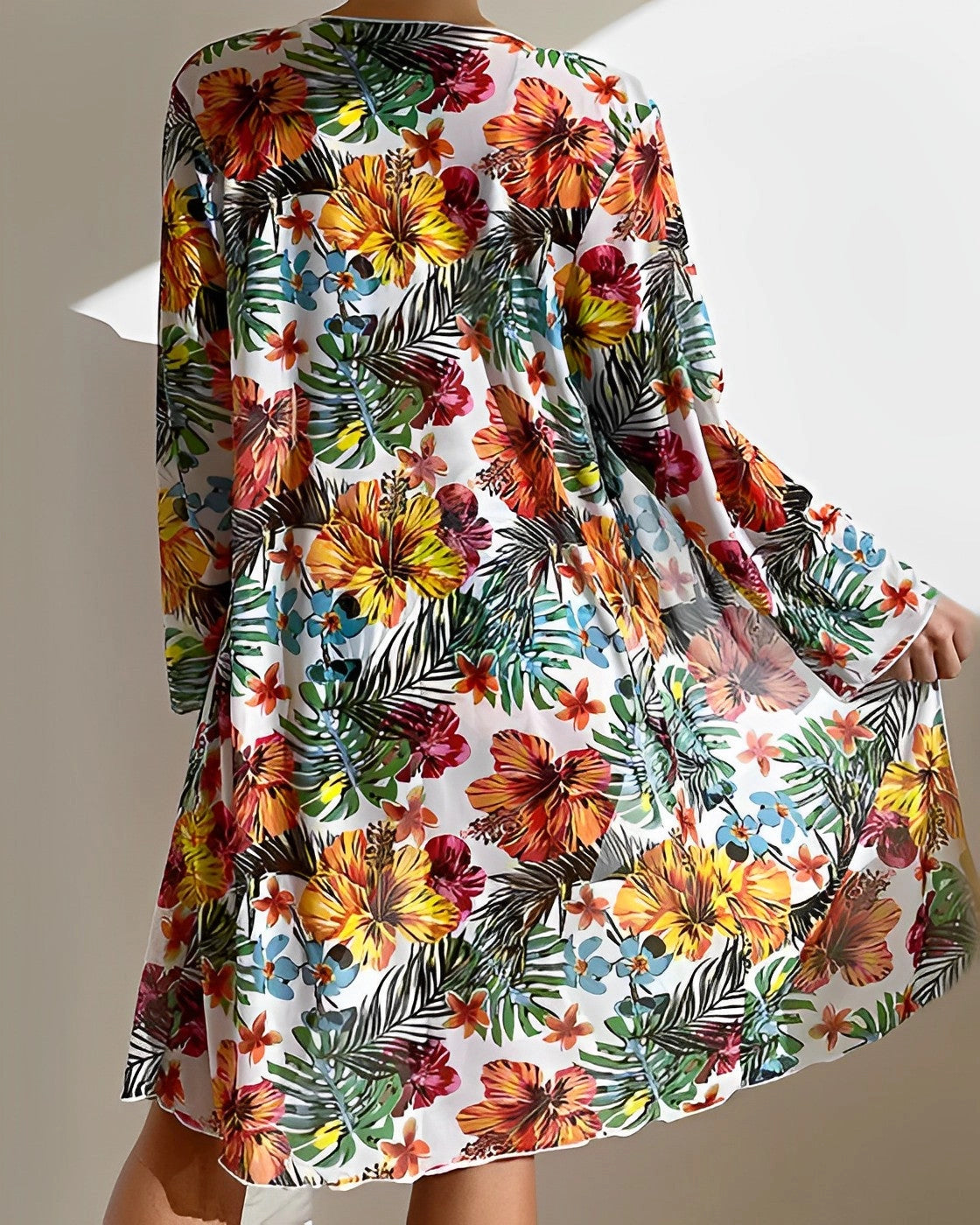 Women's Vibrant Tropical Floral Mini Dress with Long Sleeves
 - ModishWorld