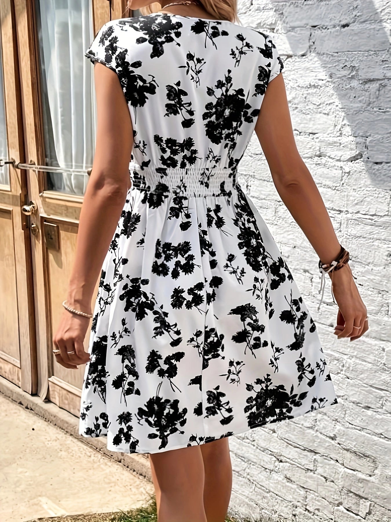 Black & White Short-Sleeve Summer Dress with Cinched Waist
 - ModishWorld