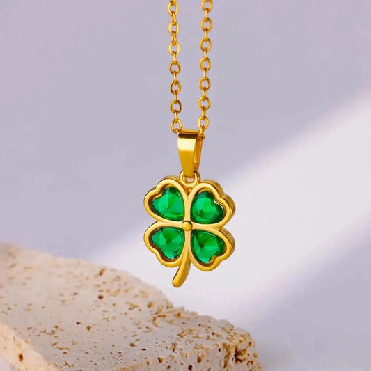 Lucky Four-Leaf Clover Necklace with Gold and Green Gemstone Pendant
 - ModishWorld