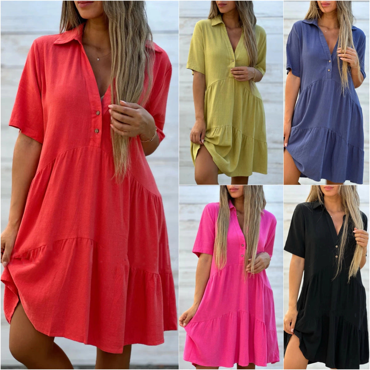 Women's Linen Summer Dress with Short Sleeves and Ruffled Hem by Fridana
 - ModishWorld