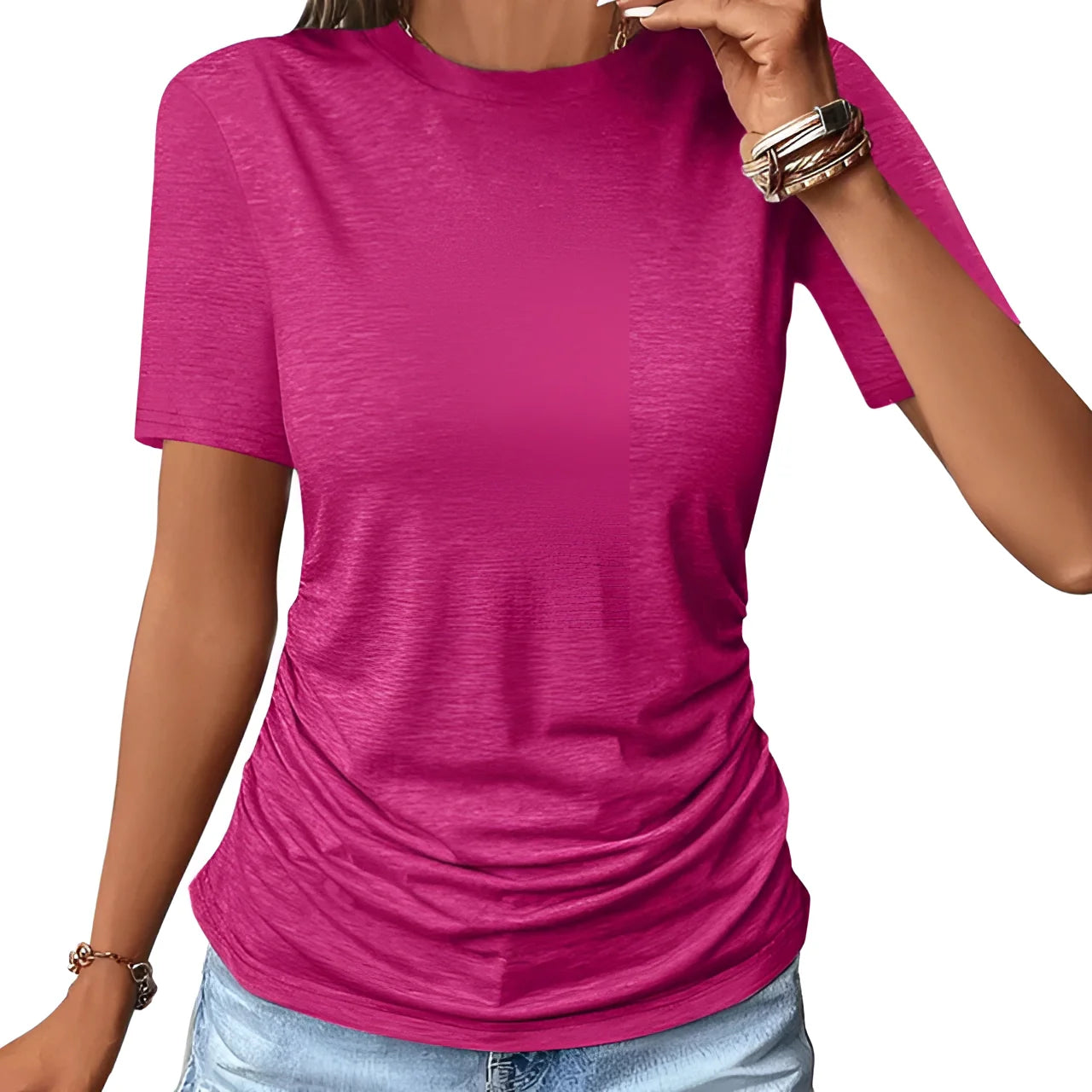 Women's fuchsia slim-fit short sleeve crew neck summer t-shirt with ruching
 - ModishWorld