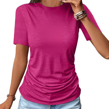 Women's fuchsia slim-fit short sleeve crew neck summer t-shirt with ruching
 - ModishWorld