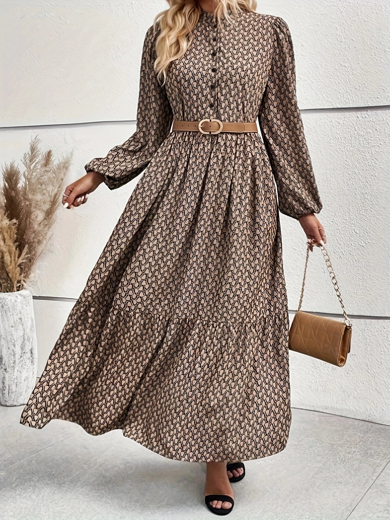Brown Midi Dress with Geometric Print, Belt, Pleats, and Long Sleeves – Perfect for Fall
 - ModishWorld