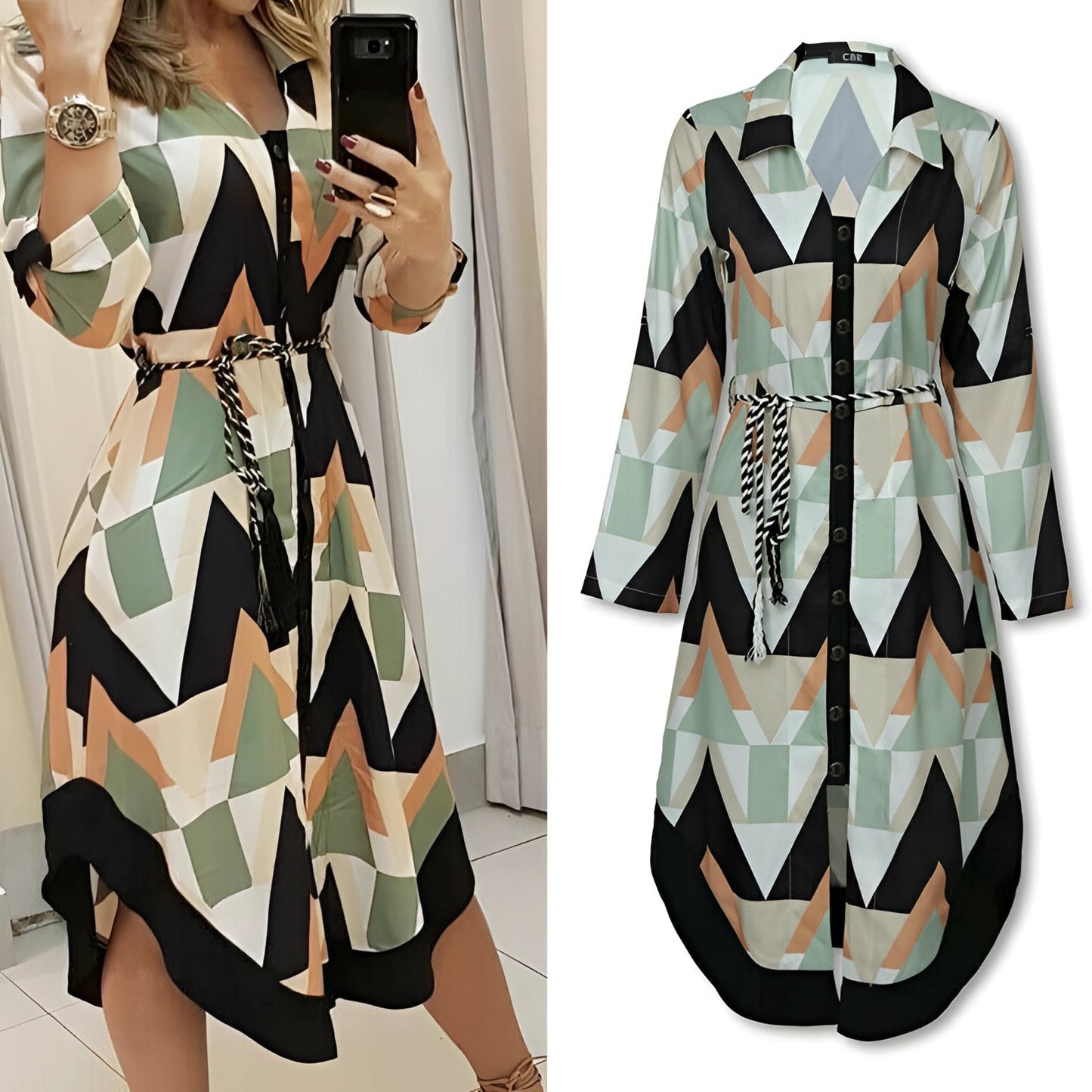 Women's Casual Geometric Print Midi Dress with Long Sleeves and Belt
 - ModishWorld