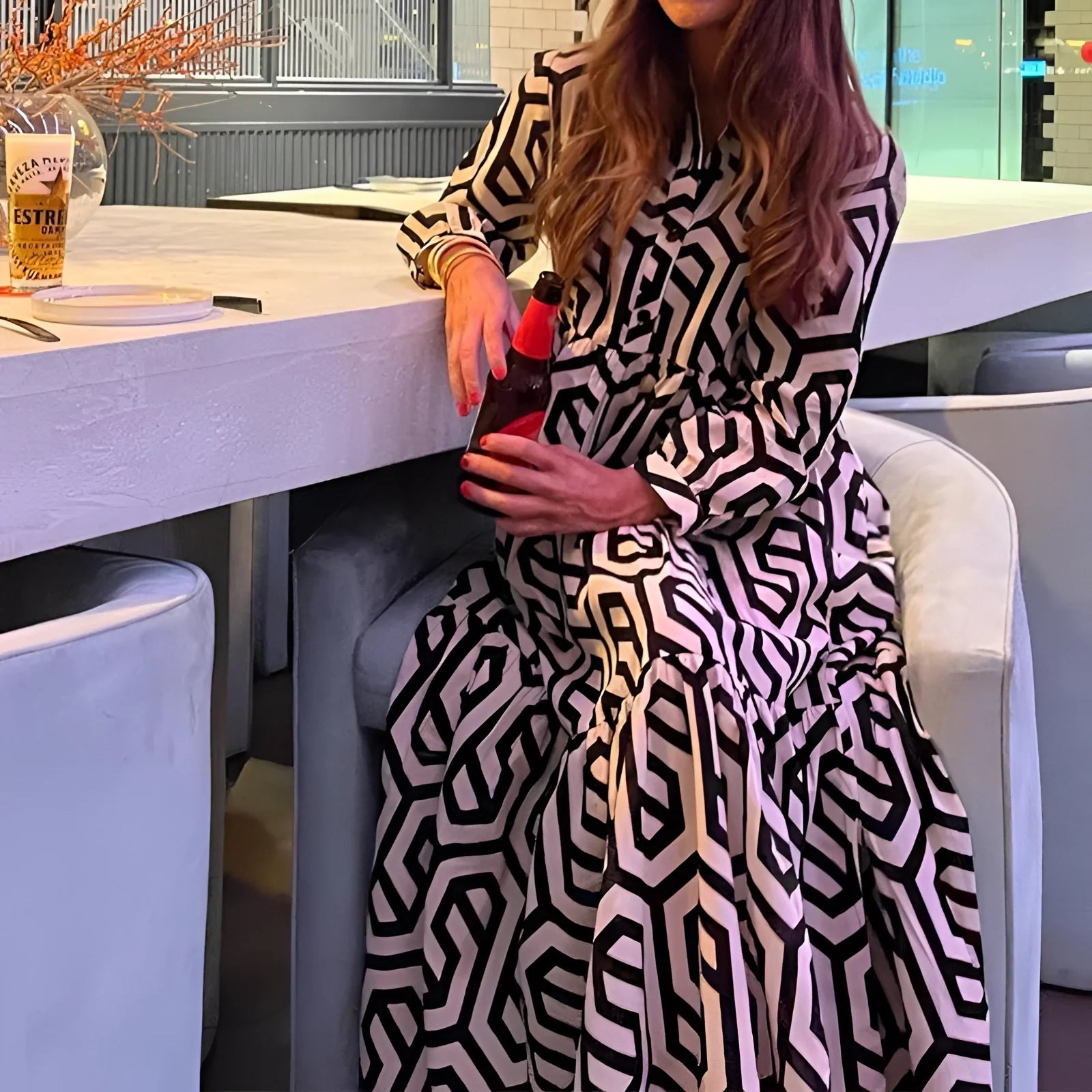 Black and White Geometric Maxi Dress for Women's Cocktail Events
 - ModishWorld