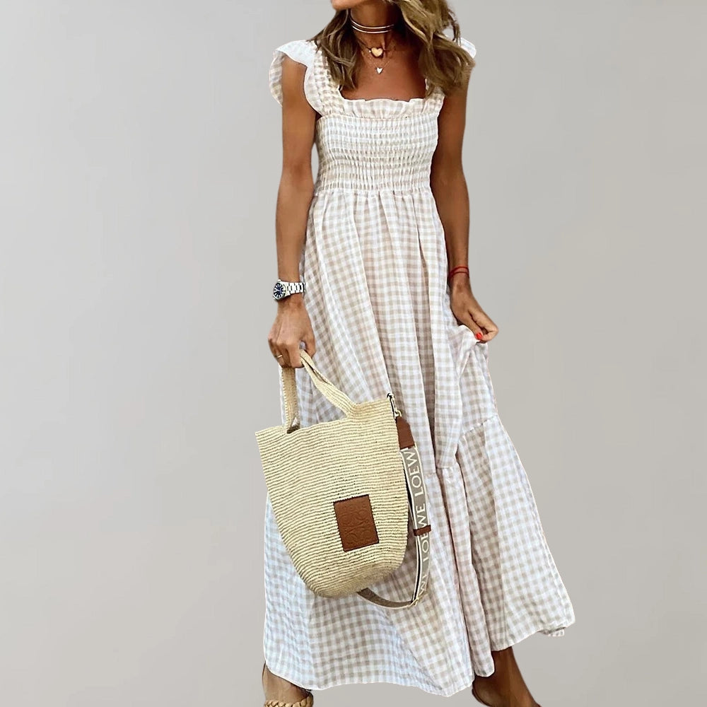 Smocked Gingham Maxi Dress with Square Neck and Ruffle Detail – Modish