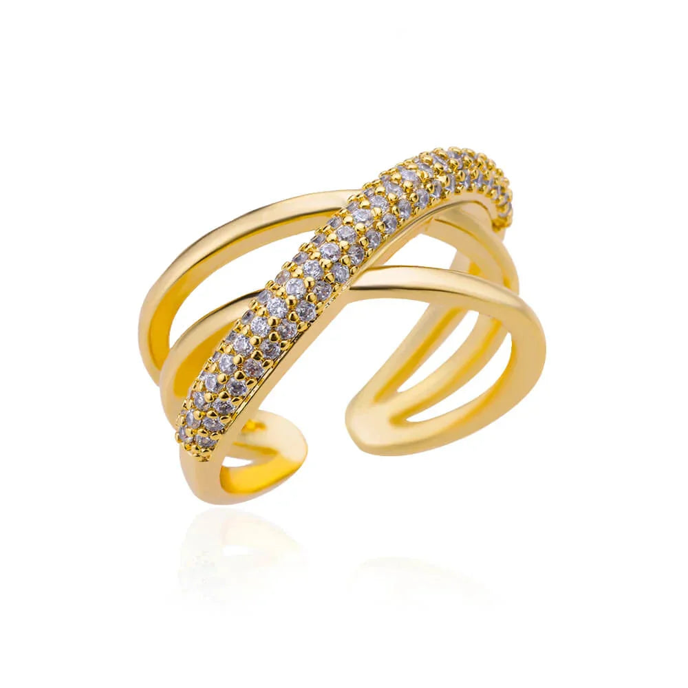 Luxury Double Band Pave Diamond Gold Crossover Ring
 - ModishWorld