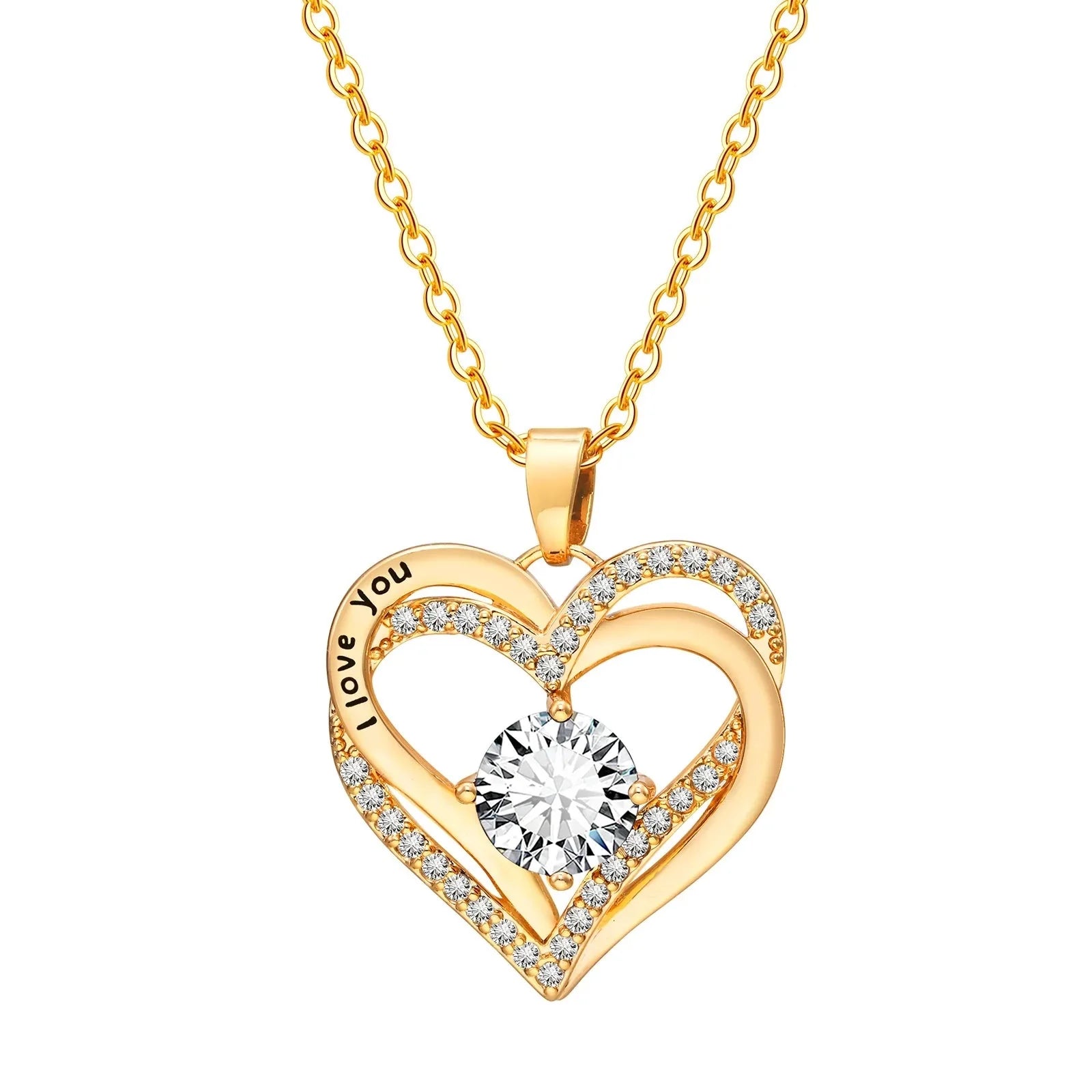 Heart Pendant Necklace with Diamond and Gold - "I Love You" Engraving
 - ModishWorld