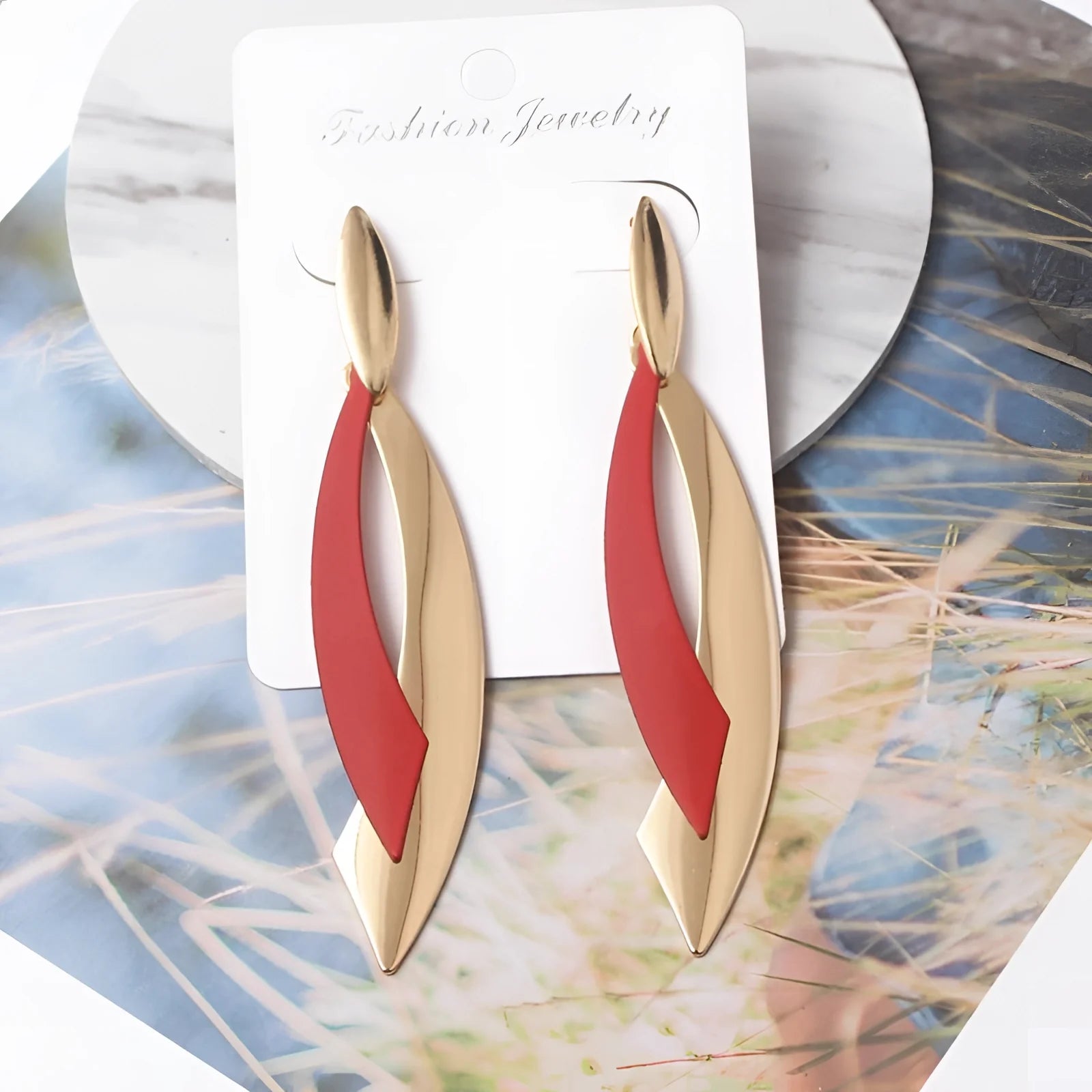Elegant Modern Gold Feather and Green Leaf Drop Earrings
 - ModishWorld