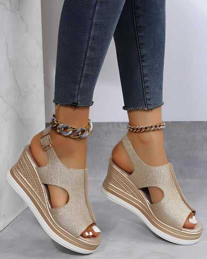 Elegant and Comfortable Gold Glitter Wedge Sandals with Ankle Strap
 - ModishWorld