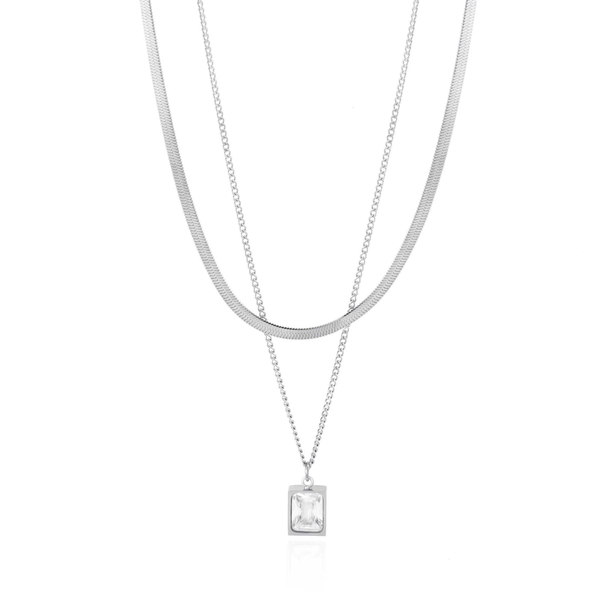 Layered Gold Necklace featuring Square and Rectangular Crystal Charms
 - ModishWorld