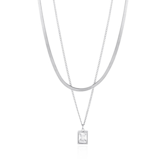 Layered Gold Necklace featuring Square and Rectangular Crystal Charms
 - ModishWorld
