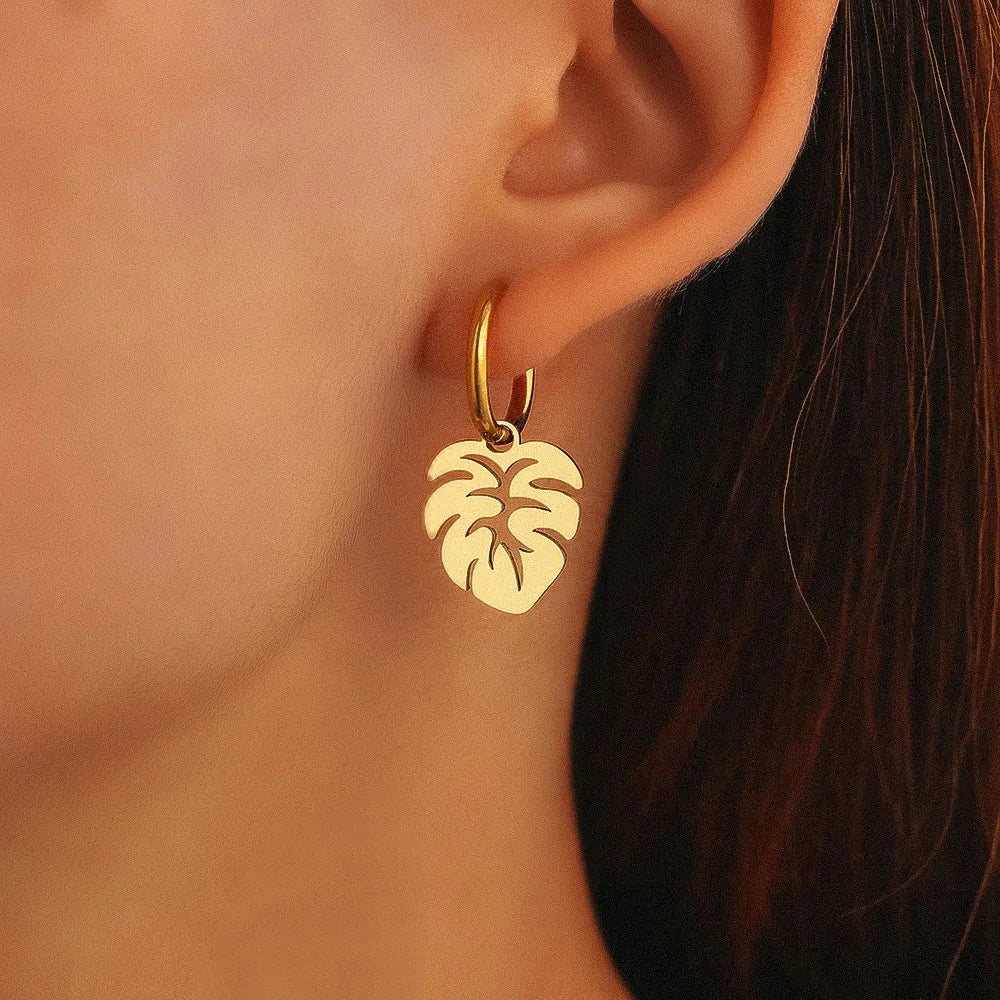 Tropical Monstera Leaf Hoop Earrings in Gold
 - ModishWorld