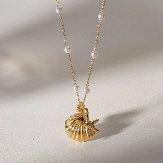 Nautical Necklace with Gold Scallop and Starfish Pearl Charm
 - ModishWorld