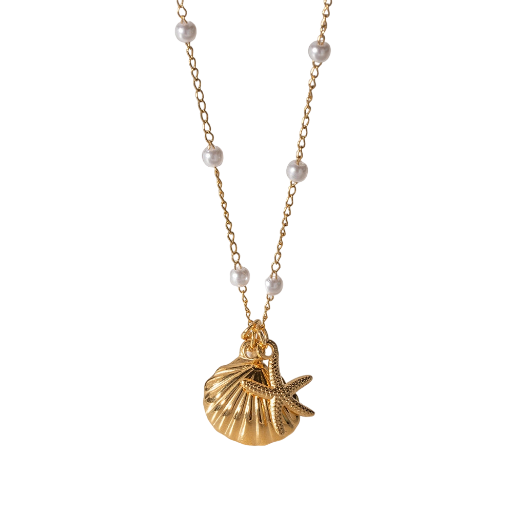 Nautical Necklace with Gold Seashell, Starfish, and Pearl Charms
 - ModishWorld