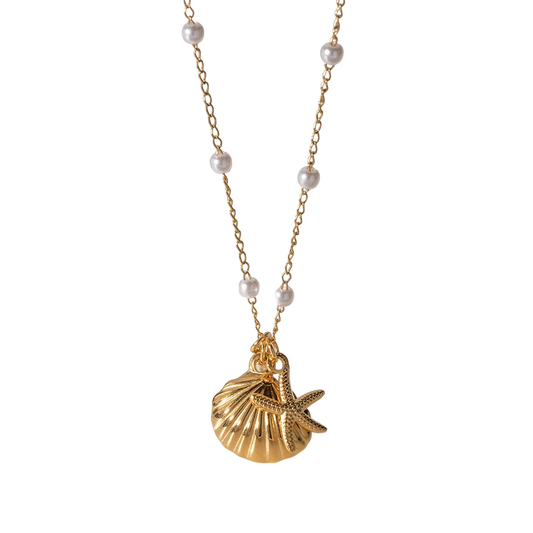 Nautical Necklace with Gold Seashell, Starfish, and Pearl Charms
 - ModishWorld