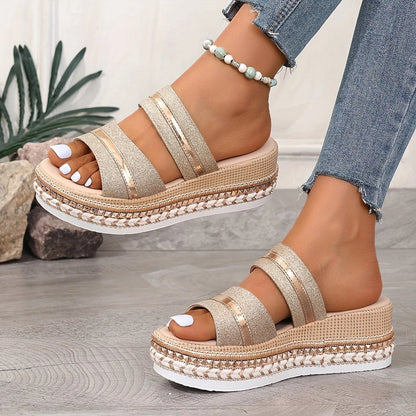 Women's Beaded Jute Platform Espadrilles with Gold Straps
 - ModishWorld