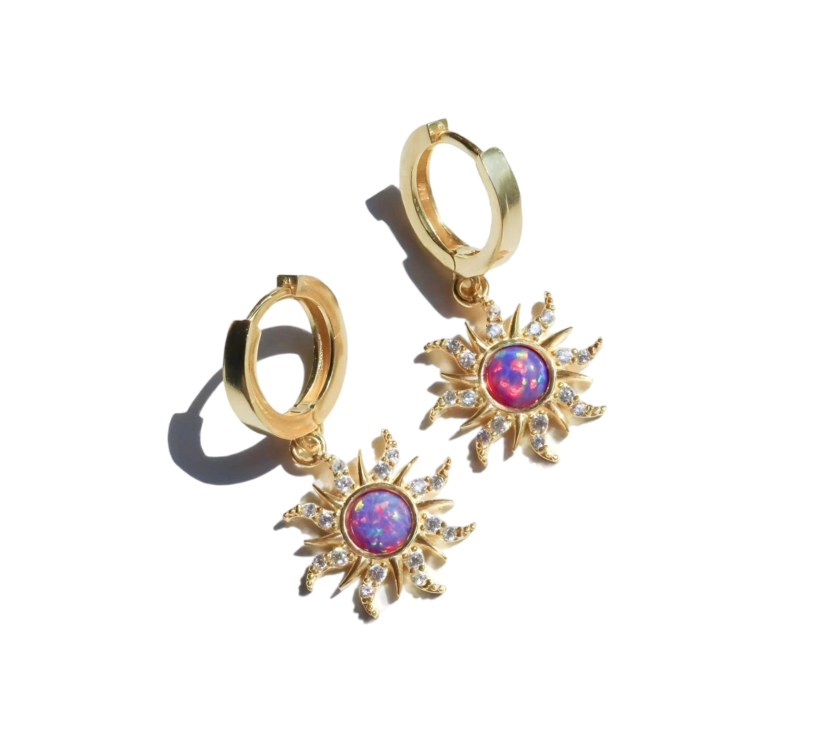 Celestial Pink Opal and Gold Sunburst Dangle Earrings
 - ModishWorld