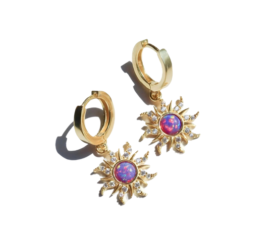 Celestial Pink Opal and Gold Sunburst Dangle Earrings
 - ModishWorld
