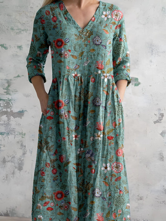 Bohemian Maxi Dress: Green Floral Print, Long Sleeves, V-Neck, Empire Waist
 - ModishWorld