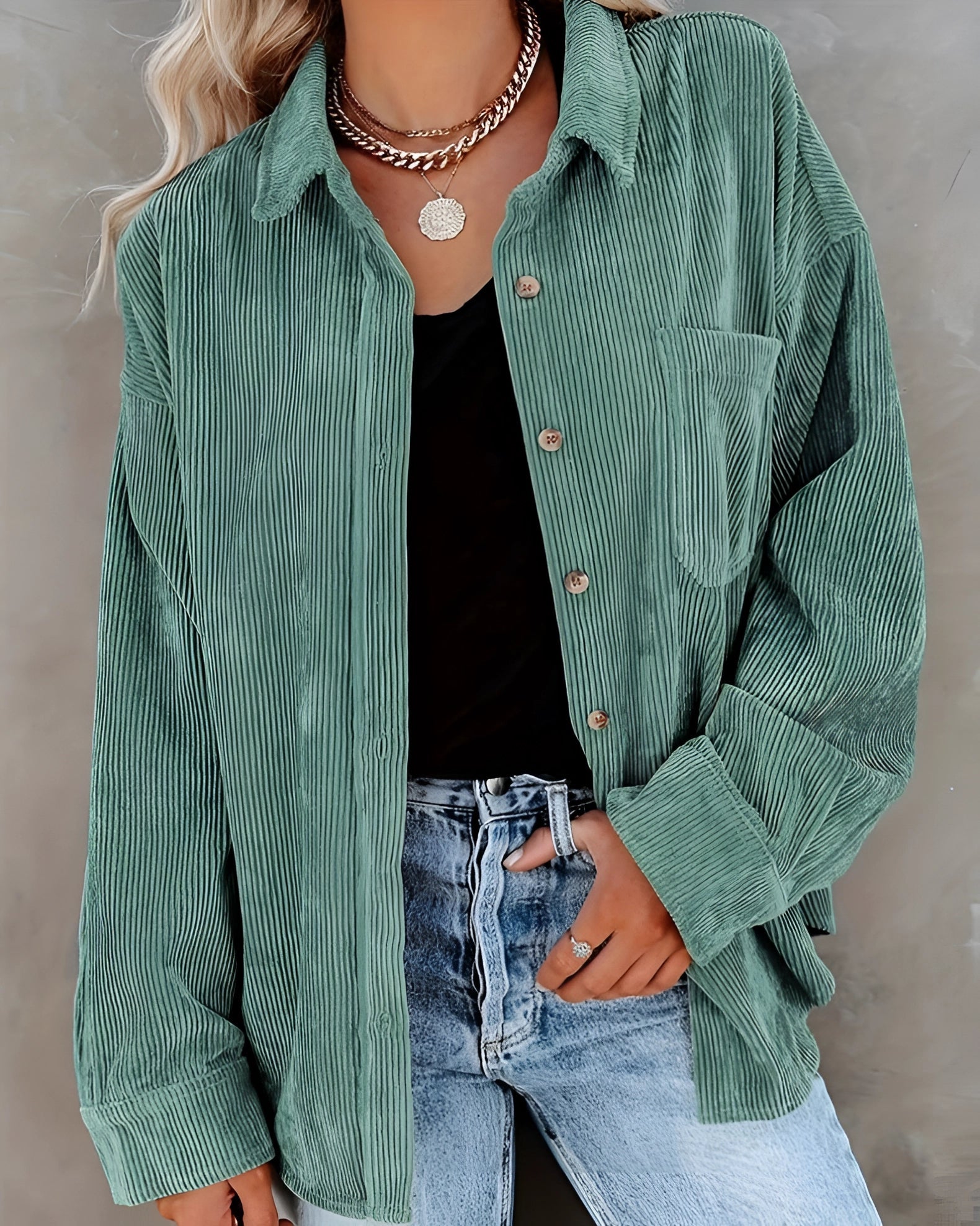 Women's Oversized Green Corduroy Button-Up Jacket for Fall
 - ModishWorld