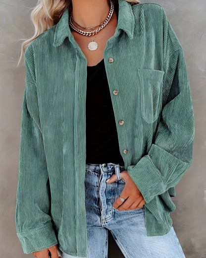 Women's Oversized Green Corduroy Button-Up Jacket for Fall
 - ModishWorld