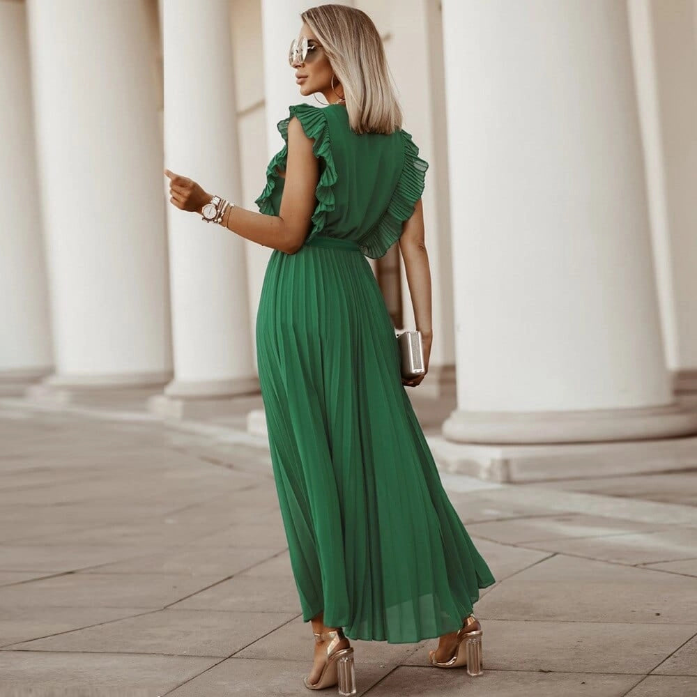 Elegant Green Maxi Dress, Ruffle Sleeves, Summer Chic Style – Modish World
