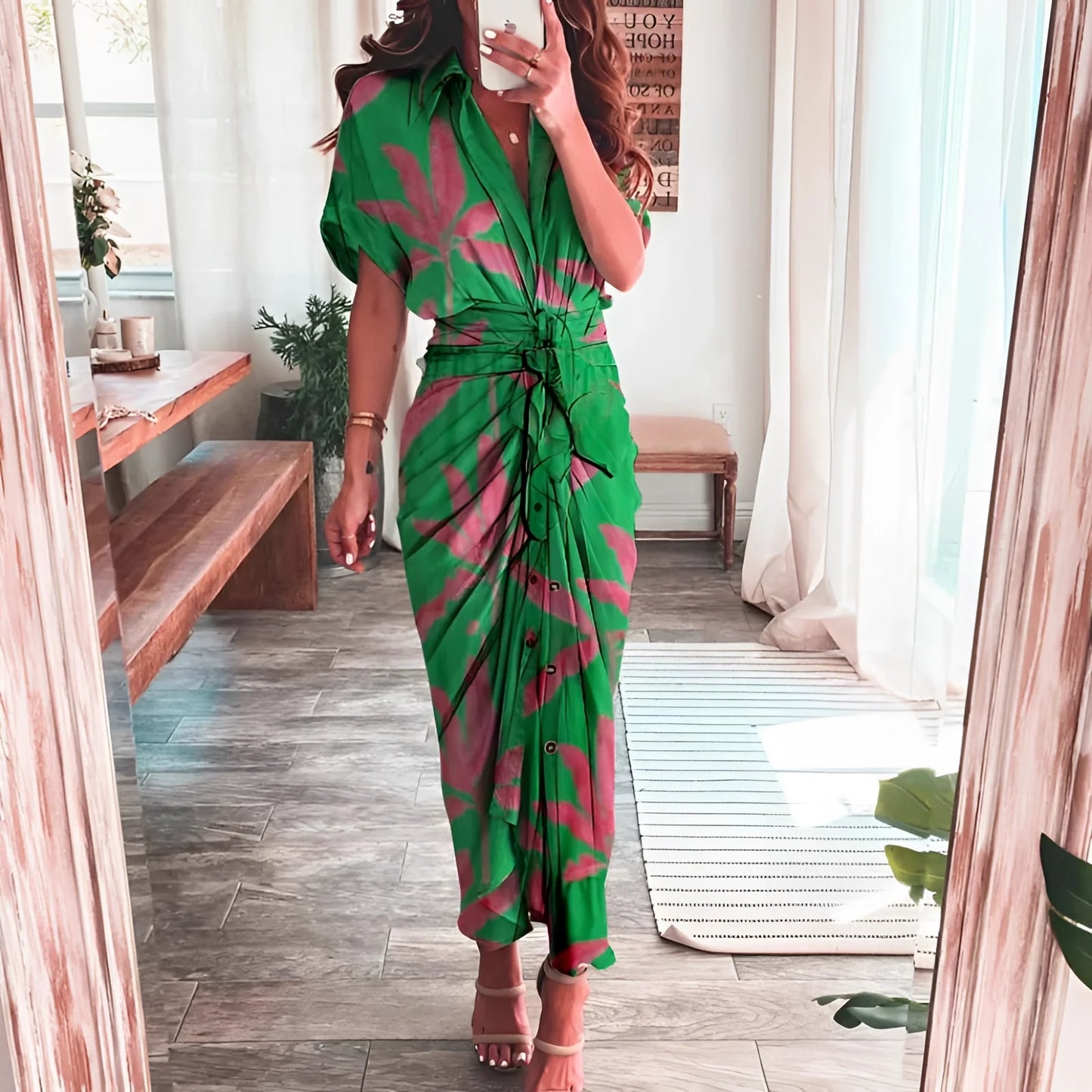 Summer V-Neck Jumpsuit with Palm Leaf Print and Belt
 - ModishWorld