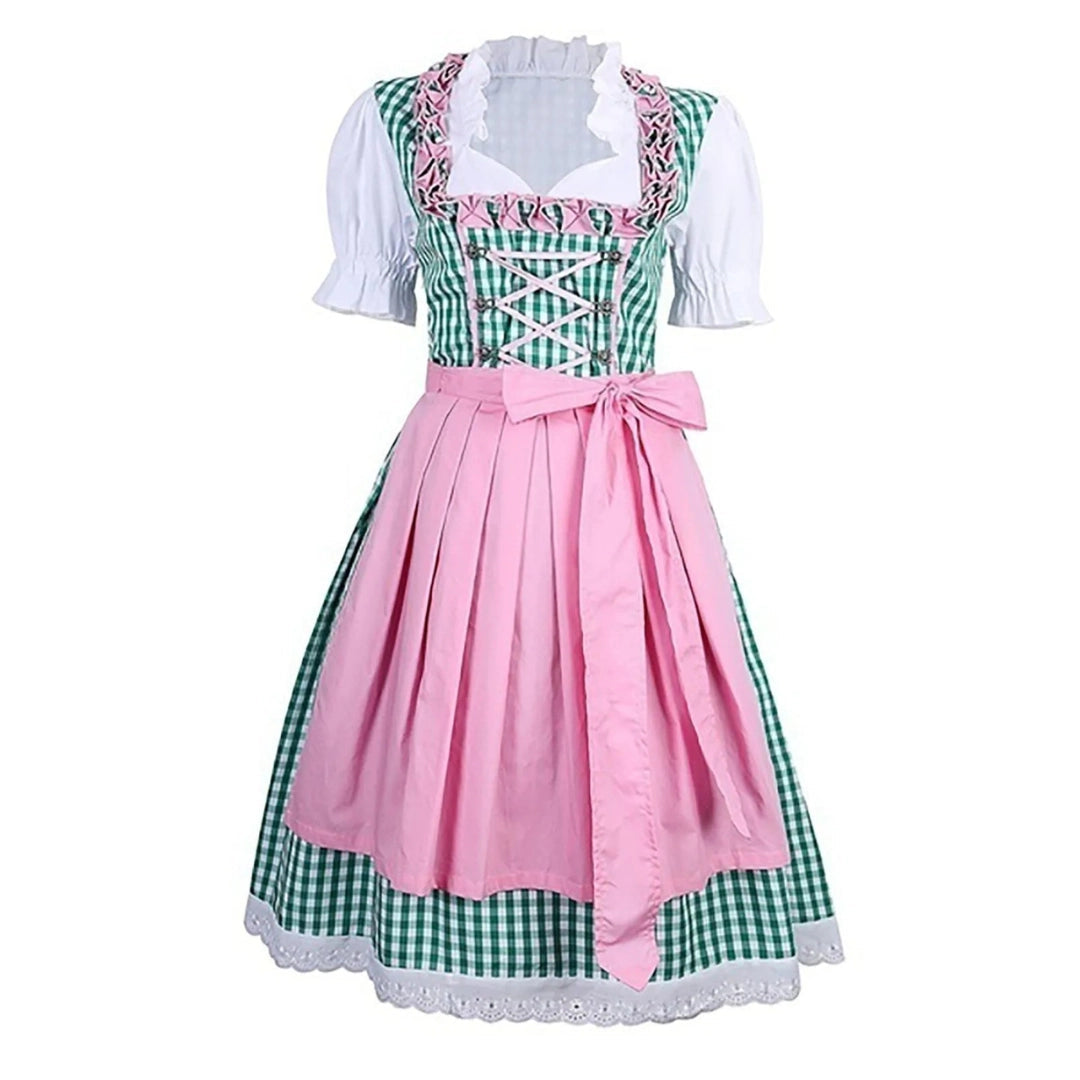 Oktoberfest Costume: Green and Pink Dirndl with Checkered Apron and Lace Trim
 - ModishWorld