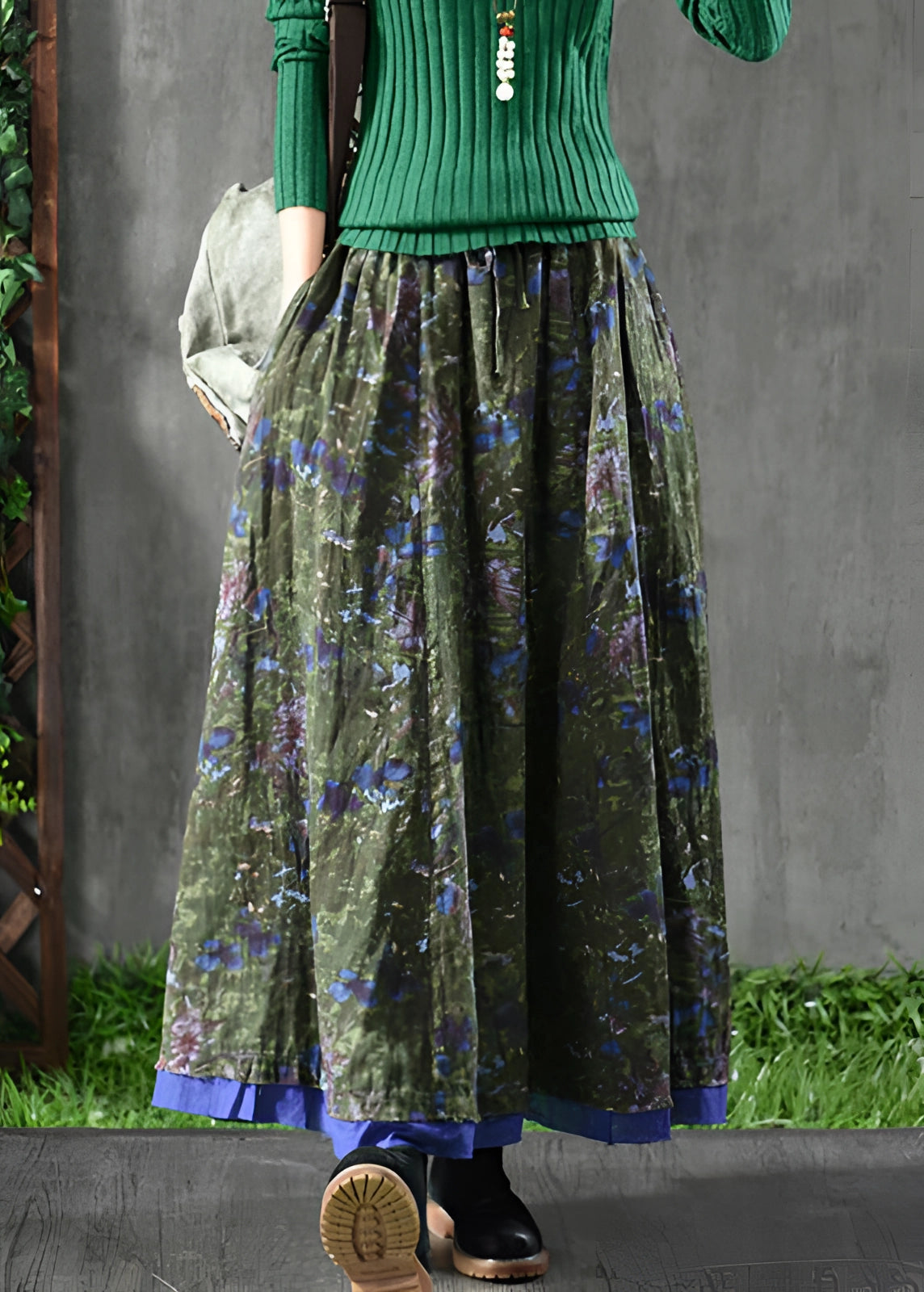 Women's Fall Fashion: Green Ribbed Sweater and Floral Maxi Skirt Set
 - ModishWorld