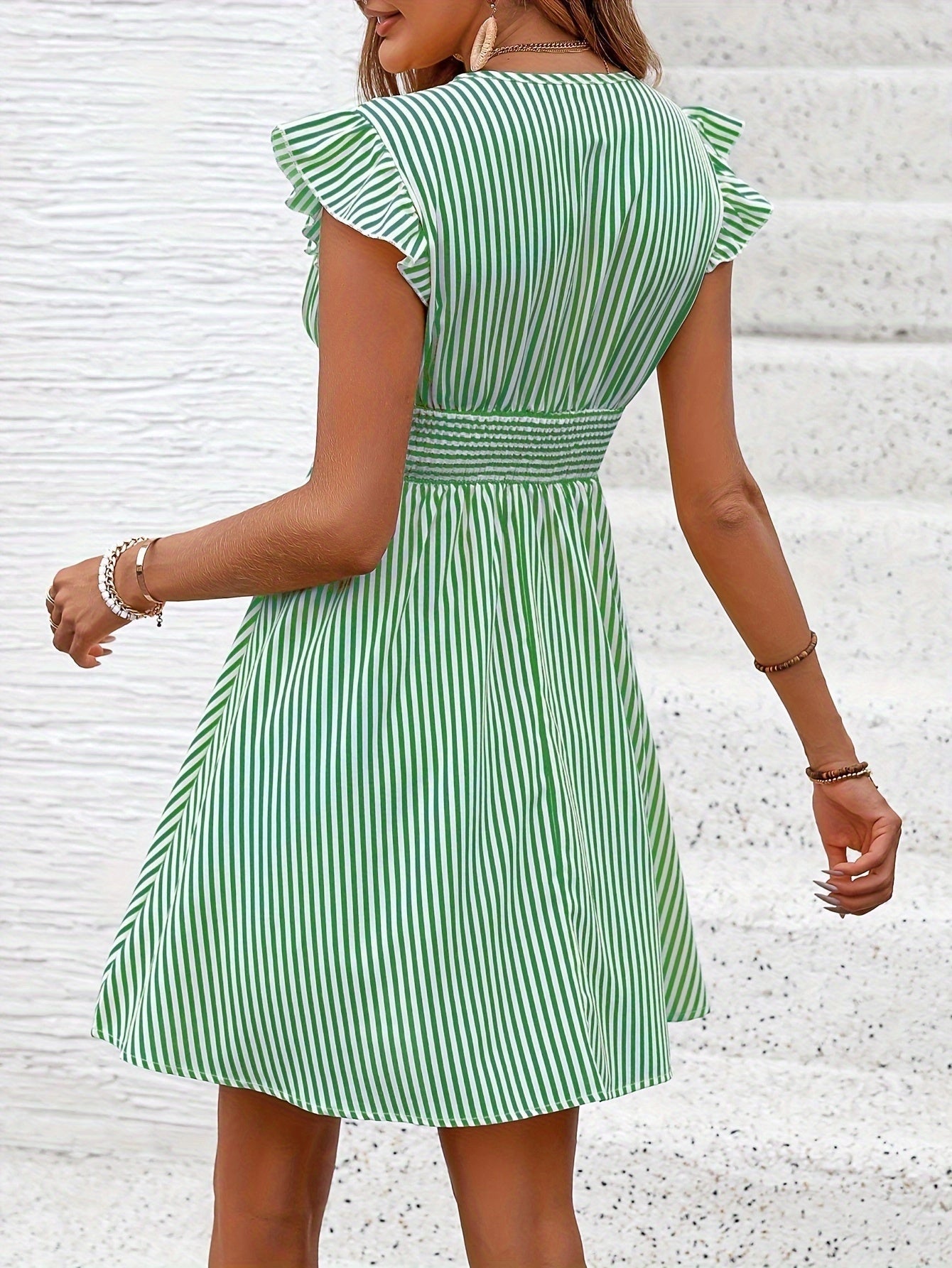 Summer Dress: Green Striped A-Line, Ruffled Sleeves, Cinched Waist, Boat Neck
 - ModishWorld