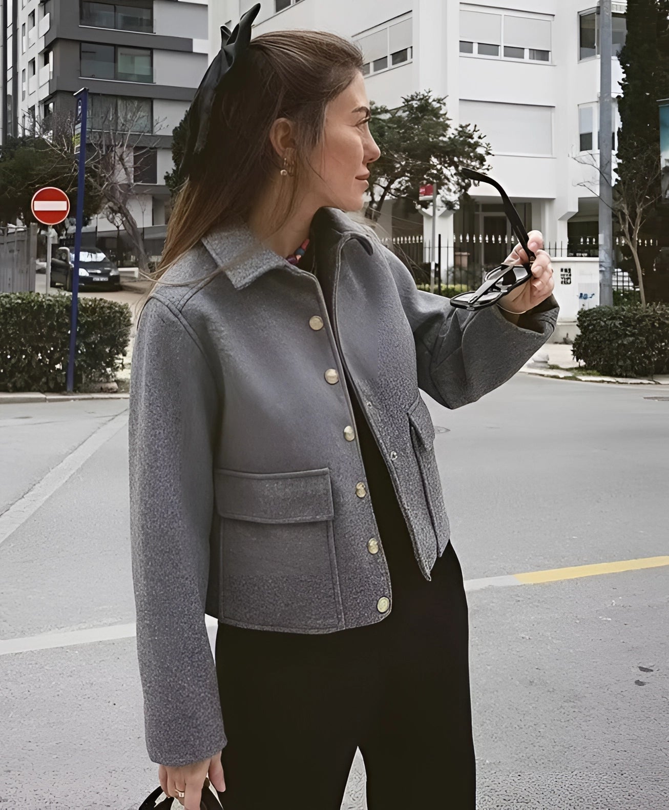Women's Grey Cropped Wool Jacket with Gold Buttons - Urban Chic Style
 - ModishWorld