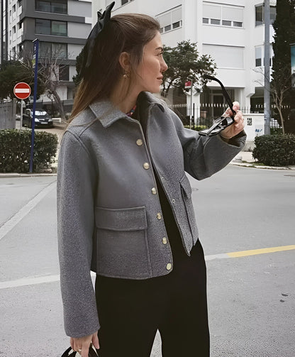 Women's Grey Cropped Wool Jacket with Gold Buttons - Urban Chic Style
 - ModishWorld