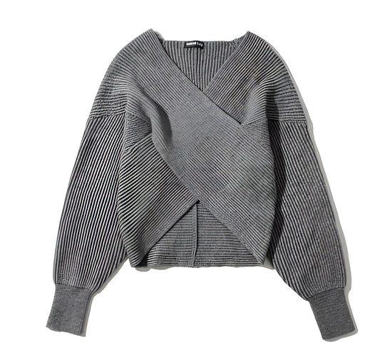 Women's Grey Knit Crossover V-Neck Sweater (Oversized)
 - ModishWorld