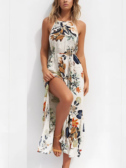 Flowy Floral Maxi Dress with Halter Neck and High Slit – Perfect for the Beach
 - ModishWorld