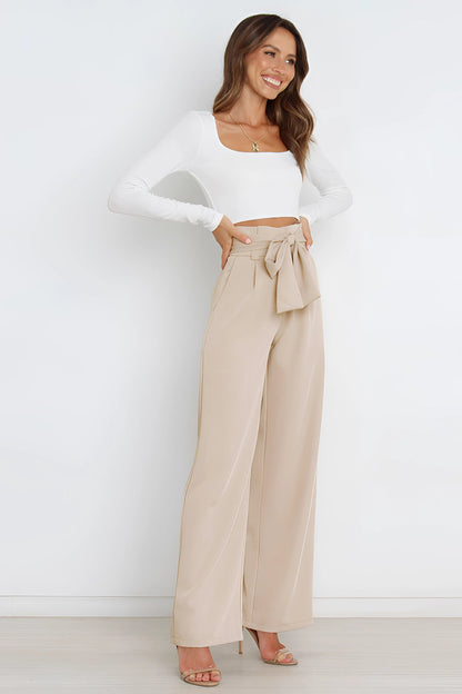 Elegant Beige High-Waisted Wide-Leg Dress Pants for Women
 - ModishWorld