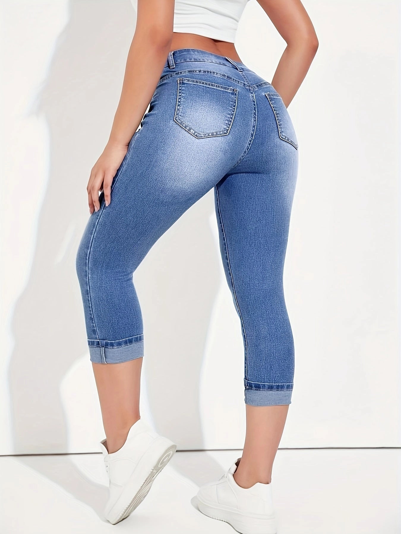 Women's Stretchy Light Blue High-Waisted Capri Jeans for Summer Casual Wear
 - ModishWorld