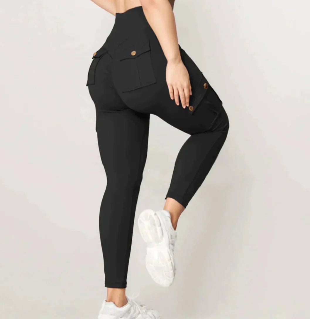 Black Women's Ankle-Length Cargo Pants with Button Detail - High-Waisted and Slim Fit
 - ModishWorld