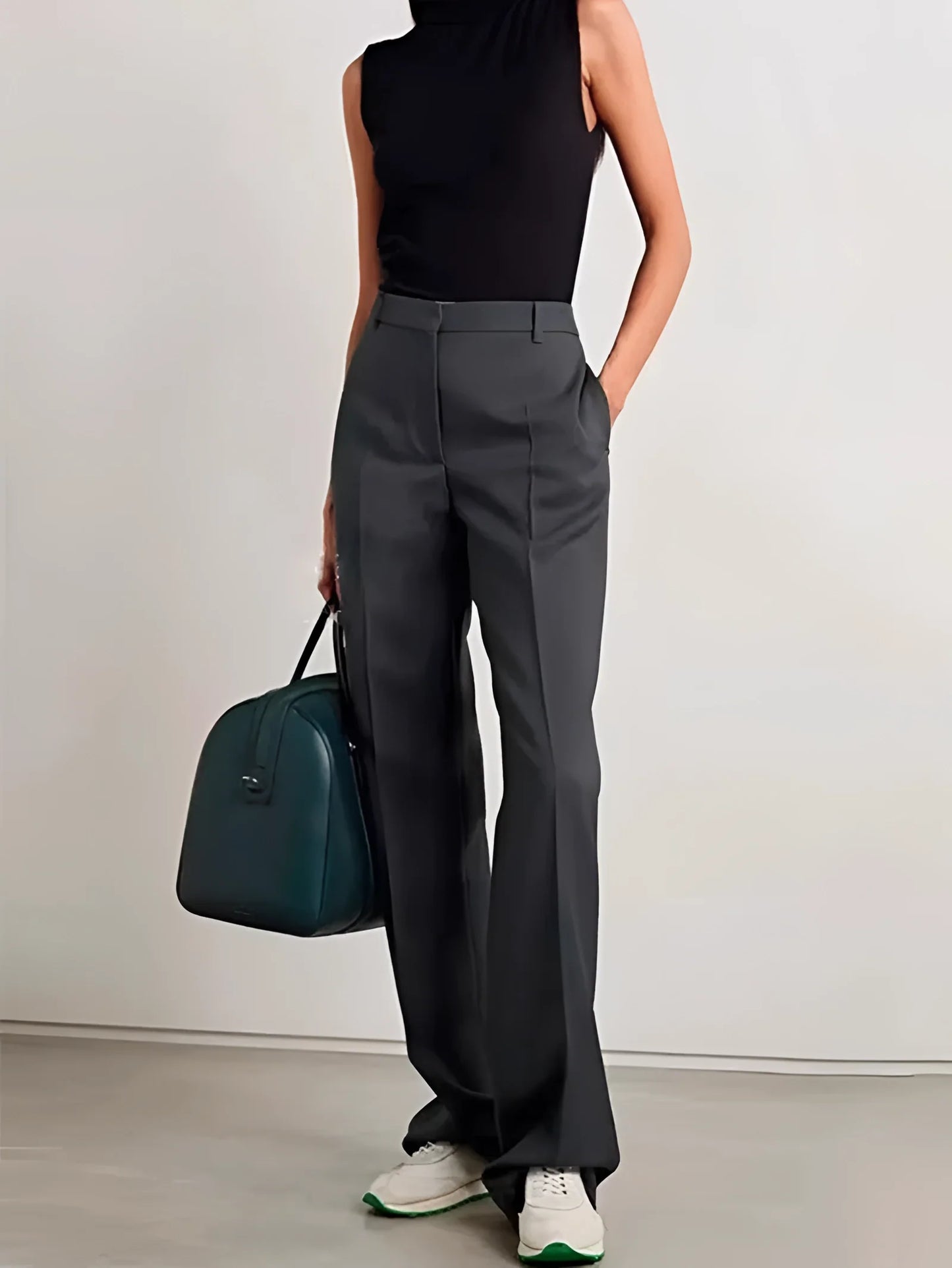 Women's Charcoal Grey High-Waisted Wide Leg Wool Office Trousers
 - ModishWorld