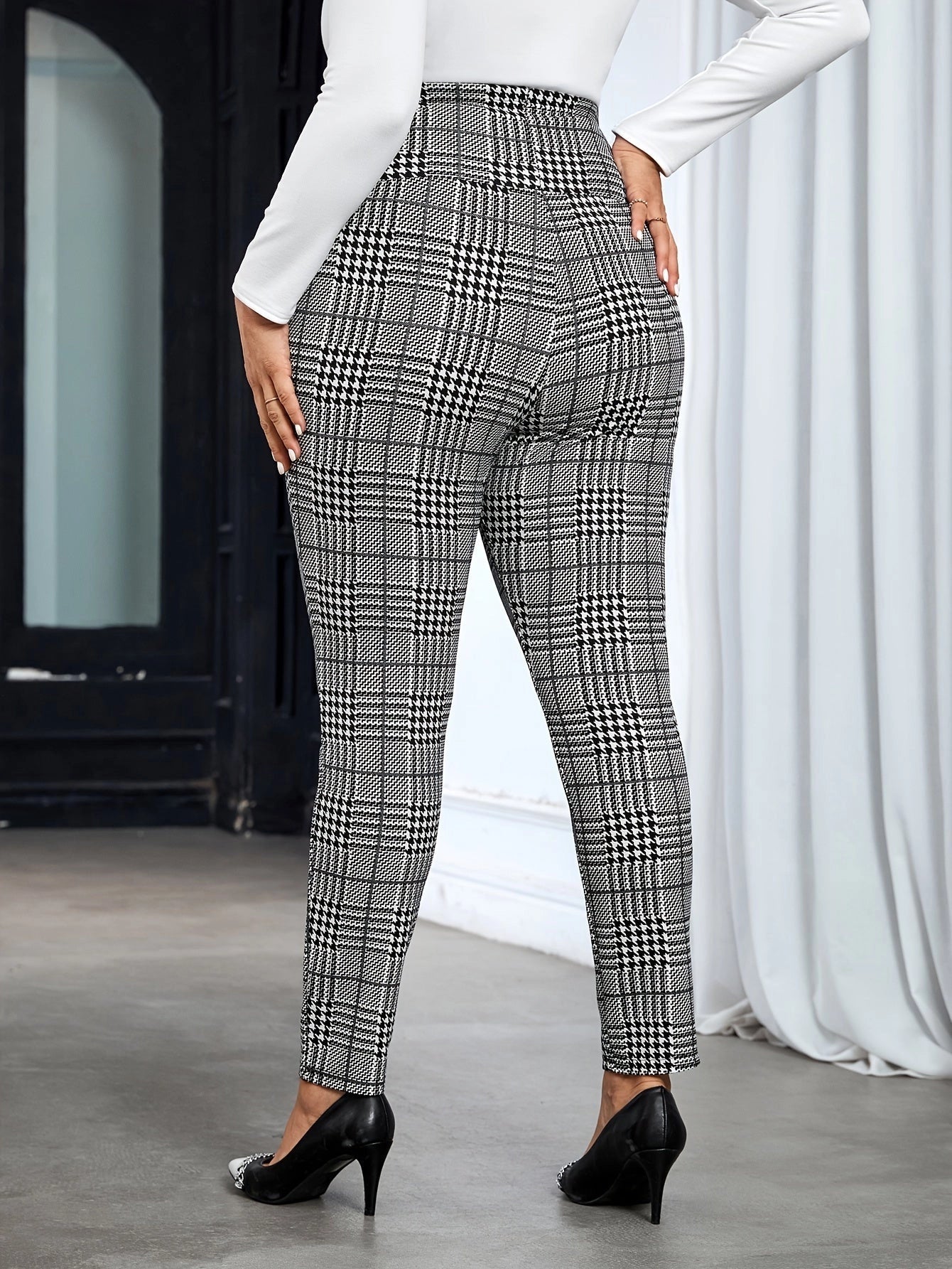 Women's Slim-Fit Houndstooth Plaid High-Waisted Trousers
 - ModishWorld