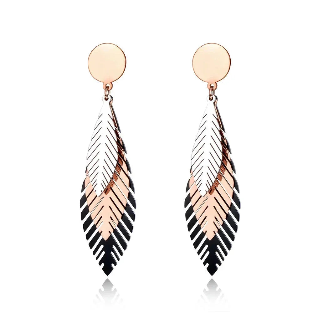 Rose Gold Feather Earrings with Black and Metallic Leaf Dangles by JeeMango
 - ModishWorld