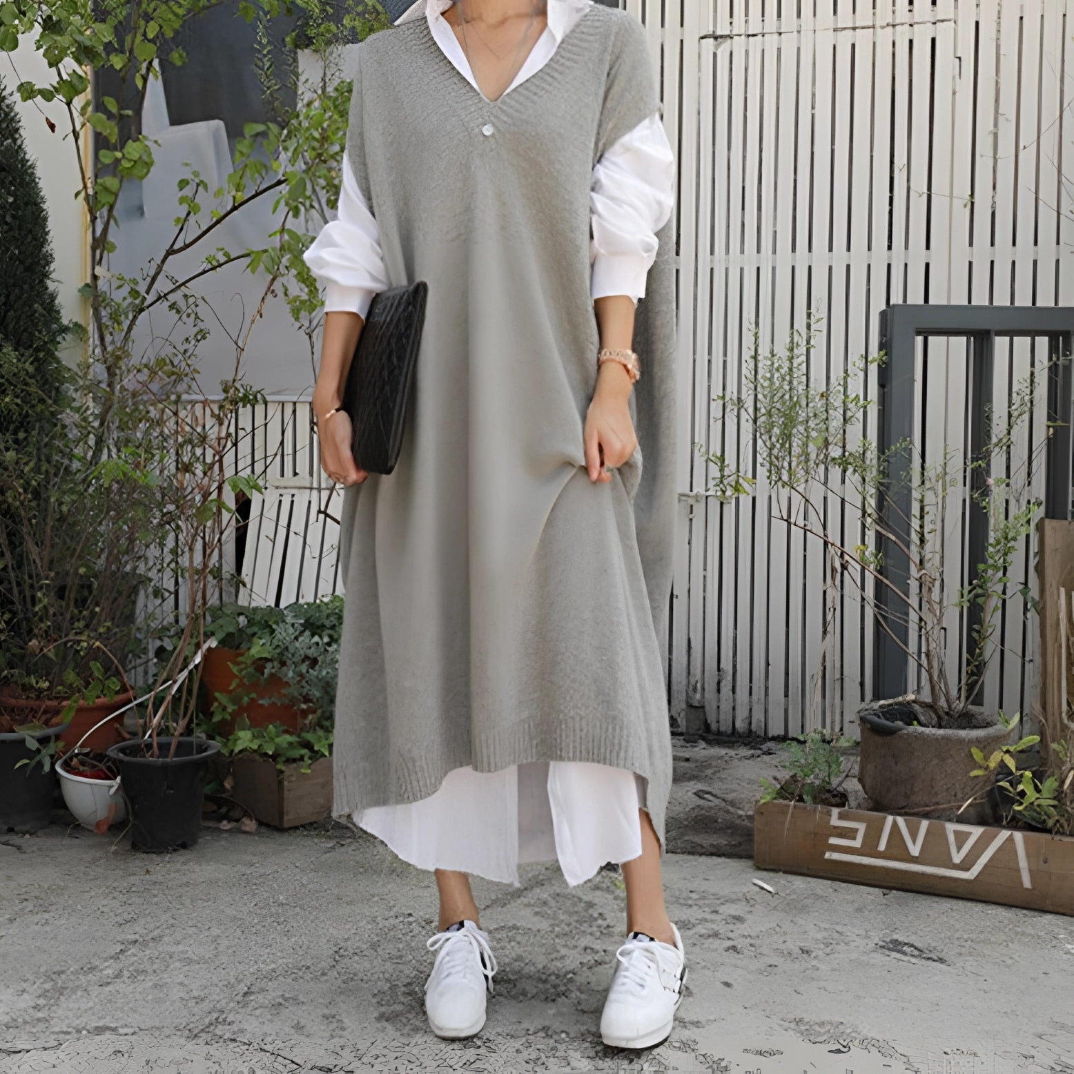 Sleeveless Grey Midi V-Neck Layered Sweater Dress for City Style
 - ModishWorld