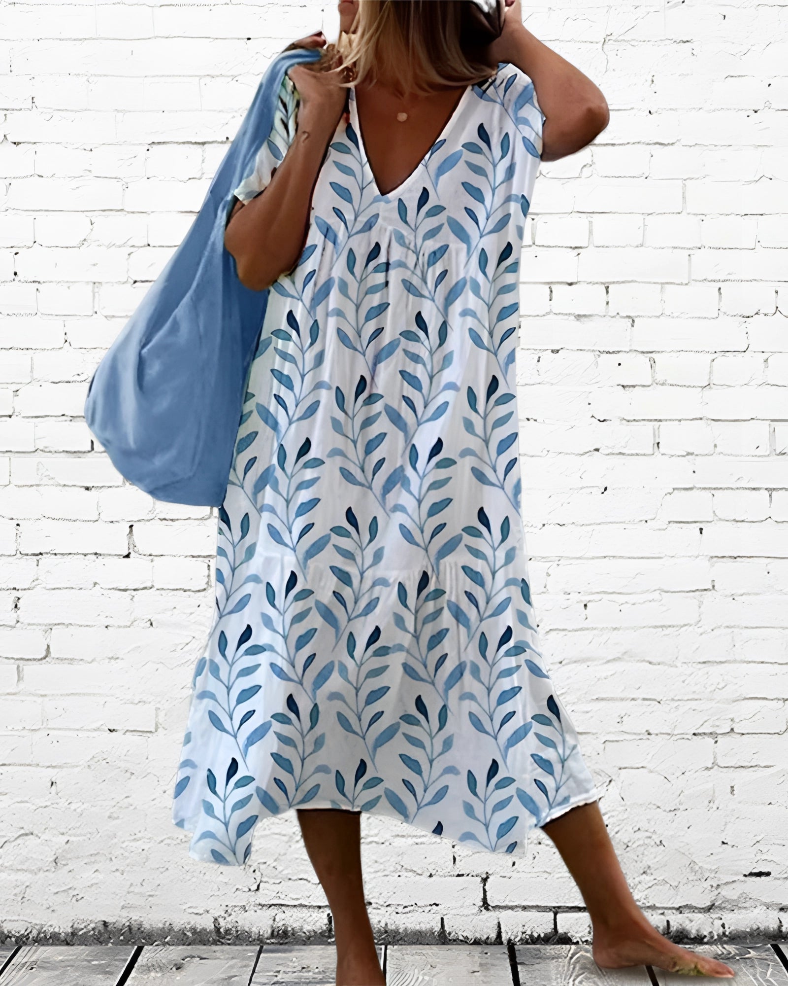 Blue and White Leaf-Printed V-Neck Midi Summer Beach Dress
 - ModishWorld