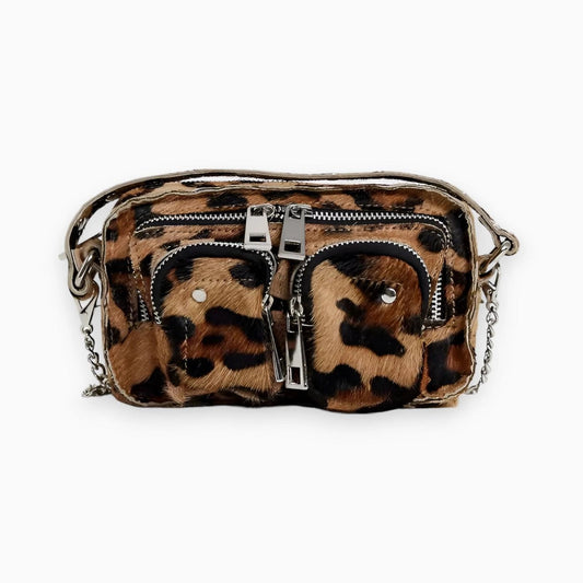 Chain Strap Crossbody Bag in Leopard Print Faux Fur with Zipper Closure
 - ModishWorld