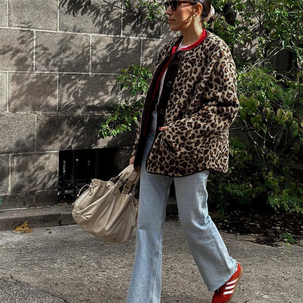 Stylish Women's Leopard Print Jacket, Red Trim Detail
 - ModishWorld