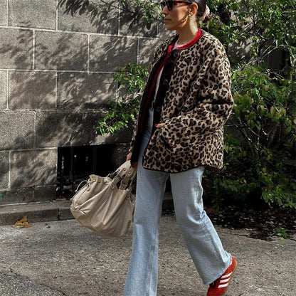 Stylish Women's Leopard Print Jacket, Red Trim Detail
 - ModishWorld
